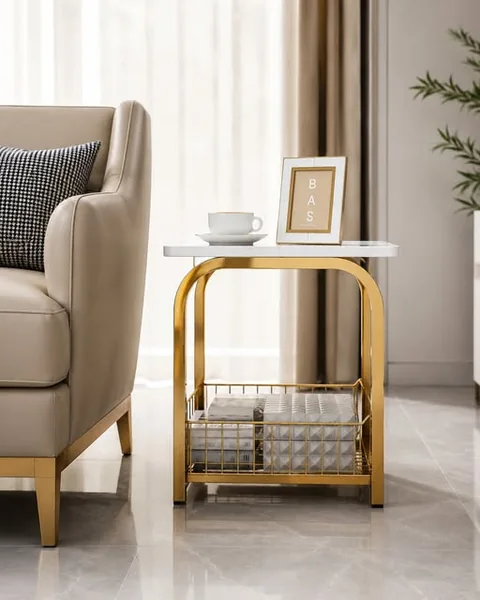 Square Basket Side Table with Marble Top